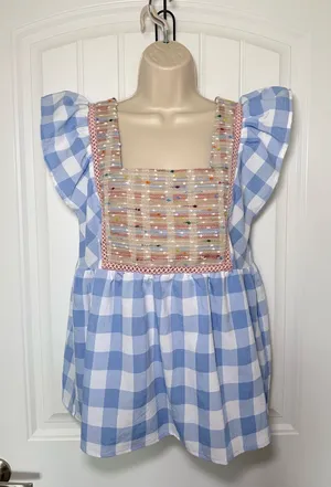 Entro Small Blue Gingham Ruffle Sleeve Beaded Square Neck Babydoll Top Coquette thumbnail 1
