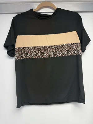 Black Tee with Tan and Leopard Stripe Size L thumbnail 1