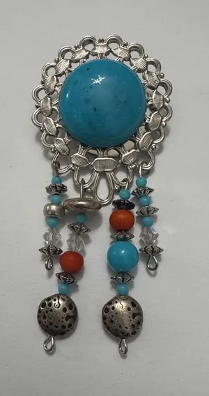 Vintage Turquoise& Coral Dangle Brooch — Silver-Tone Women’s Jewelry thumbnail 1