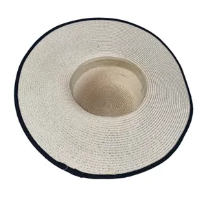 Wide‎ Brim Paper Straw Sun Hat Beige Black Organza Ribbon Bow Adjustable thumbnail 5
