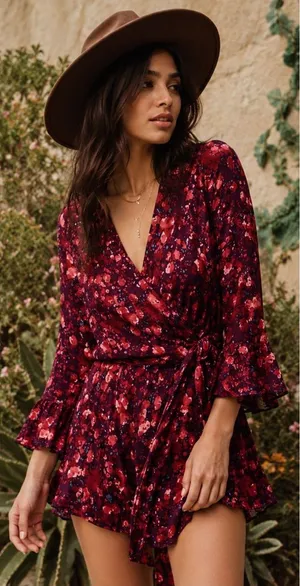 Free People All The Right Ruffles Red‎ Floral Boho Romper thumbnail 1