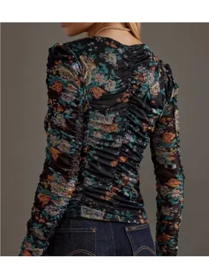 Anthropologie XS Top New NWT Long Sleeve Floral Ruched Mesh black Gorgeous RARE thumbnail 8