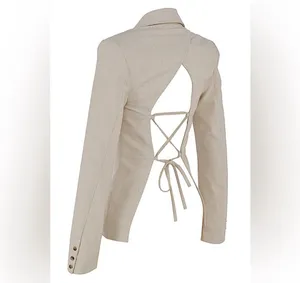 House Of CB Mistress Rocks Beige White Open Back Lace Up Suit blazer Jacket Top Blouse Shirt thumbnail 7