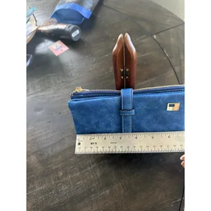 Friend Blue Faux Suede Long Bifold Wallet Gold Tone Hardware Zipper Pocket thumbnail 7
