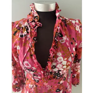 J Crew Top Womens S Pink Floral High Neck Blouse Victorian Ruffles Side Zip thumbnail 2
