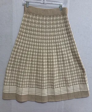 Luna Fall Autumn Beige Houndstooth Pleated A-Line Skirt thumbnail 1