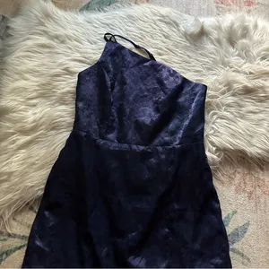 LULU’S Desirable Dream Navy Blue Satin Jacquard Halter Neck Midi Dress thumbnail 8