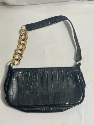 Black Faux Croc Embossed Shoulder Bag Tortoise Chain Accent Baguette Purse thumbnail 1
