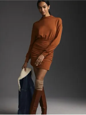 NWT Anthroplogie Daily Practice Ruched Cozy Dress Medium Brown Long Sleeve Fall thumbnail 2