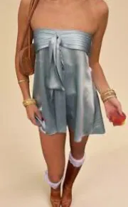 Blue Strapless Satin Mini Dress thumbnail 2