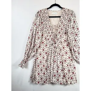 ZARA Mini Dress Beige Floral Puff Sleeve V Neck Lace Up Ruffle A Line Boho XS thumbnail 7