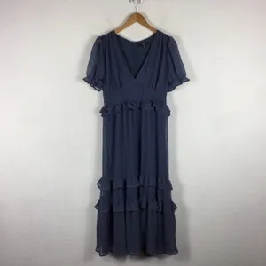 NWT Lulus Know Your Heart Midi Dress Medium Dusty Blue Polka Dot Ruffled thumbnail 5