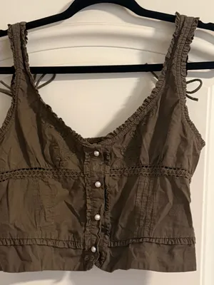 Free People Olive Green V-Neck Button Crop Top thumbnail 3
