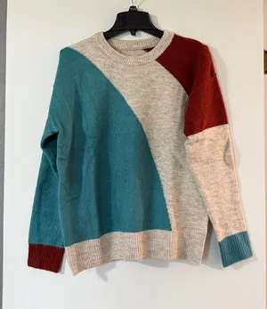 Women's Colorblock Crewneck Sweater in Teal, Cream & Rust thumbnail 1