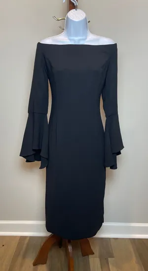 Bardot Solange Dress Size 8 Black Off Shoulder Bell Sleeve Midi Structured thumbnail 1
