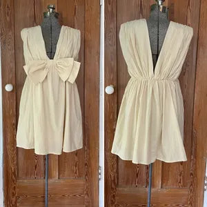 BUCKET LIST Darcy Cream Big Bow Deep V Babydoll Coquette Mini Dress - Size M thumbnail 5