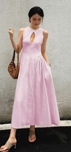 Commence Sleeveless Cotton & Linen Pleated summer Long Dress Pink thumbnail 1