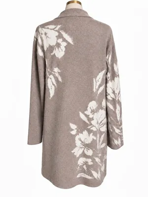 Joie XL Floral Intarsia Longline Cardigan Taupe Ivory Open Front Sweater thumbnail 2