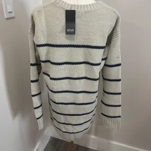 ANA A New Approach Striped Crew Neck Sweater Oatmeal Navy Blue Medium NWT‎ thumbnail 3