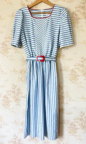 Vintage 80s Leslie Fay Blue White Striped Nautical Retro Belted Midi Dress thumbnail 1
