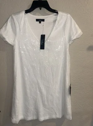 Lulus Women's White Sequin V-Neck Mini Dress Size XS Short Sleeve Lined New thumbnail 1