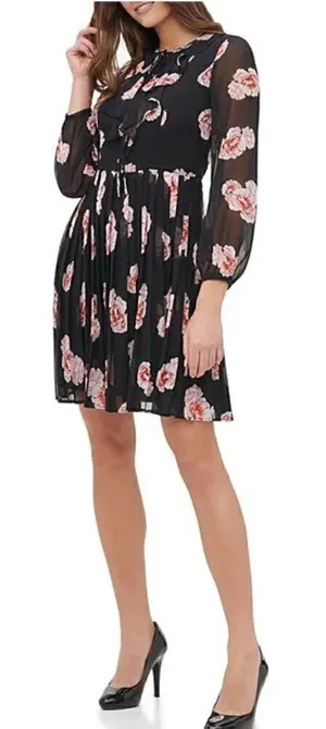 Tommy Hilfiger Women's Size 2 Floral Chiffon Dress Black Pink Floral Long Sleeve thumbnail 1