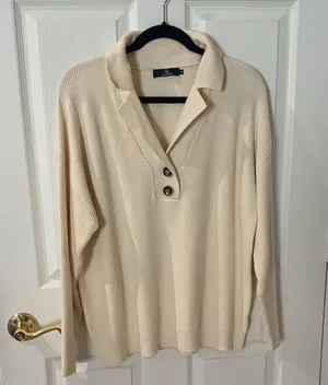 Cream Ribbed Long Sleeve Polo Sweater oversized medium thumbnail 1