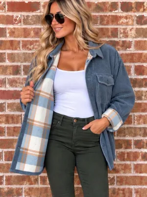 Love Tree Reversible Slate Blue Corduroy Plaid Fleece Shacket Jacket Women’s XL thumbnail 1