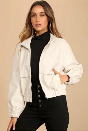 Atomic Off White Vegan Leather Bomber Jacket  XS thumbnail 1