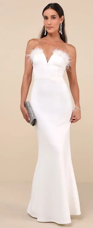 Lulus Extraordinary Glam White Feather Strapless Mermaid Maxi Dress Medium NWT thumbnail 1