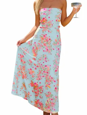 Boutique Light Blue Floral Strapless Maxi Dress thumbnail 2