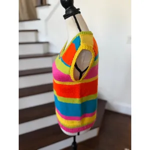 Handmade Vintage Hand Knit Neon Rainbow Orange Lime Green Pink Rugby Stripe Sweater Vest thumbnail 3