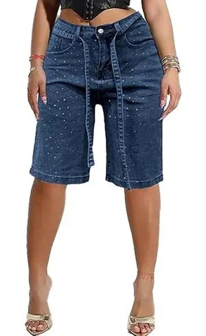 NWT ~ Women's Rhinestone Denim Stretchy High Waisted Bermuda Jean Shorts ~ 14 thumbnail 1