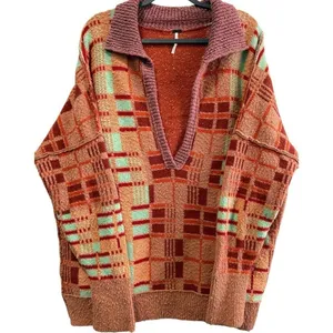 Free People Ruben Oversized Textured Plaid Collared Sweater‎ Boho Pullover M thumbnail 7