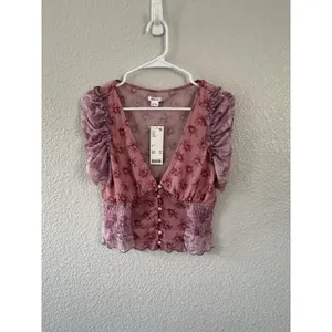 Kimchi Blue NWT Pink Floral Mesh Puff Sleeve Top Medium Peasant Cottagecore Boho thumbnail 3