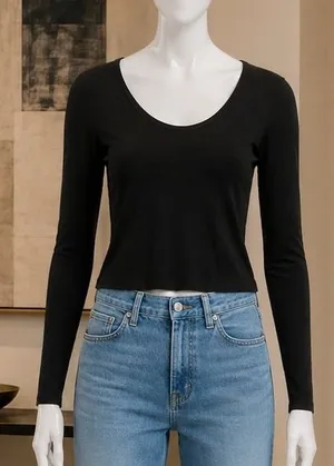 Gap Women Top Long Sleeve Ribbed Scoop Neck Black Large thumbnail 1