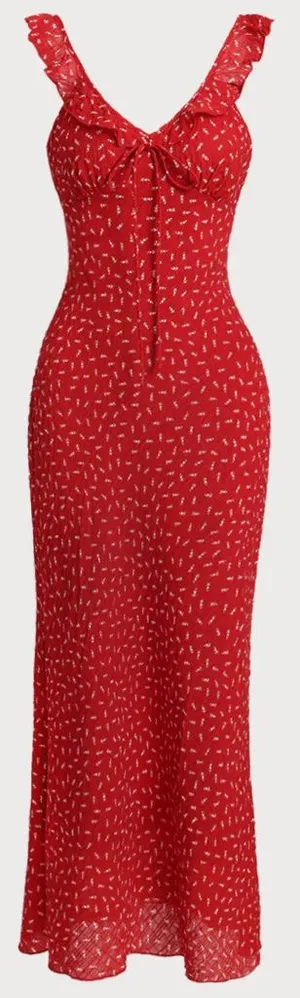 Rihoas Red Floral V Neck Ruffle Maxi Dress thumbnail 1