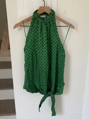 Anthropologie Maeve Polka Dot Silken Halter Tie Top in Green Dot thumbnail 3