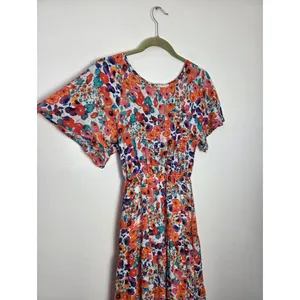 Colorful Floral Midi Dress Tiered Tropical Abstract Artsy Farmers Market Picnic thumbnail 2