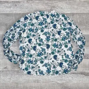 LOFT Garden Floral Top Women S Green Blue Long Sleeve Shirred Yoke Blouse Career thumbnail 3