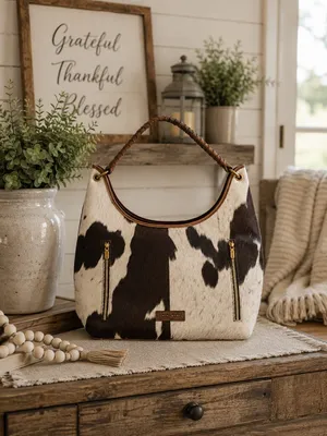 Loyal West- Conceal Carry Cowhide Hobo Bag with Braided Handle - Black & White thumbnail 2