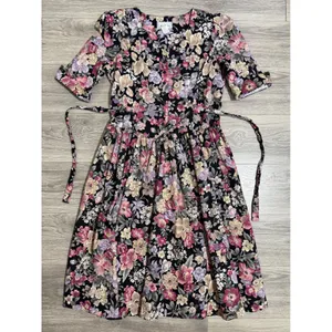 Miss Dorby Vintage 90s Floral Midi Dress L Black Purple Button‎ Front USA Made thumbnail 5
