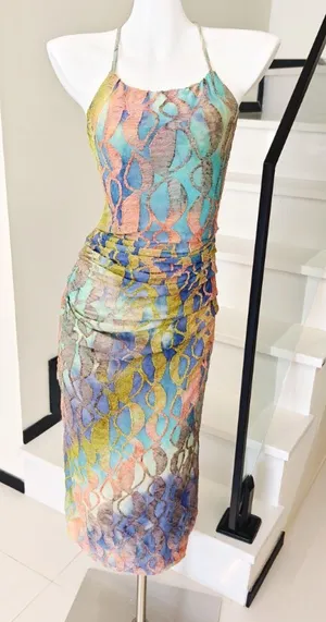 Multicolor Tie‑Dye Lace Halter Midi Dress Ruched thumbnail 1