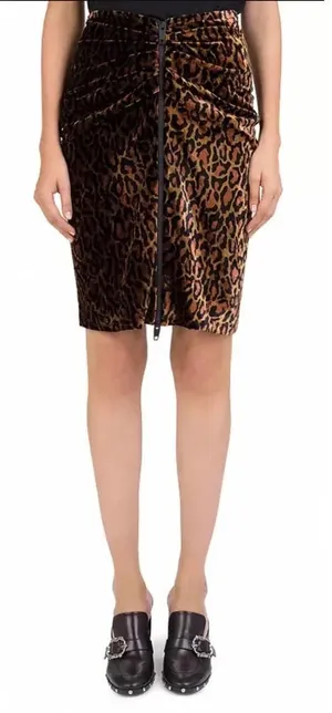 The Kooples Fire Brown Velvet Skirt Leopard Print Front Zipper Size 2 Medium‎ thumbnail 1