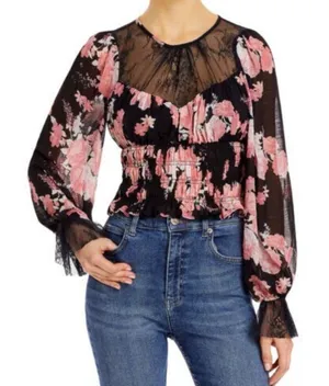 Free People Daphne Floral Blouse Midnight Combo Size Large Black Pink Whimsigoth thumbnail 1
