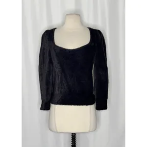 FREE PEOPLE Moonbeam Pullover Black Fuzzy Sweater 3/4 Sleeves Solid Scoop Small thumbnail 2