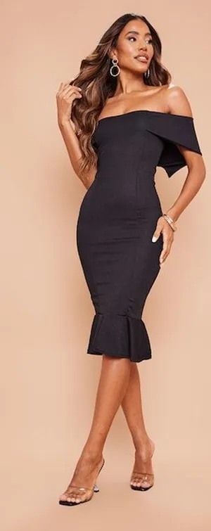 NWT PrettyLittleThing Black Bardot Frill Hem Midi Dress Women's Size 6 thumbnail 1