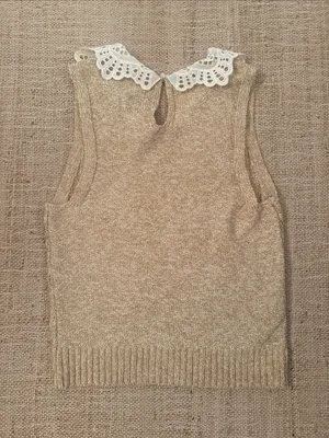 Anthropologie Lace-Trim Peter Pan Collar Tan White Knit Tank size Small thumbnail 7