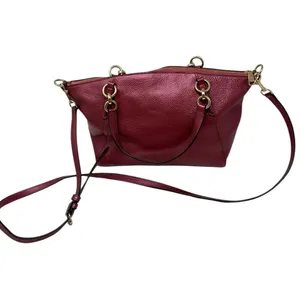 Coach Pebbled Leather Satchel Crossbody Bag Metallic Burgundy Gold Hardware thumbnail 5