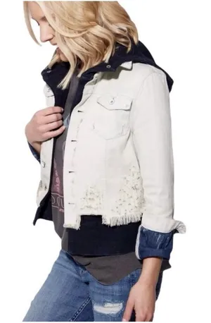 Free People Hoodie Jacket Women XS White Distressed Double‎ Weave Denim thumbnail 1
